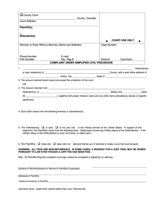Fillable Complaint Under Simplified Civil Procedure Printable pdf