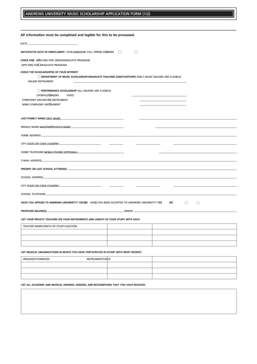 Andrews University Music Scholarship Application Form Printable pdf