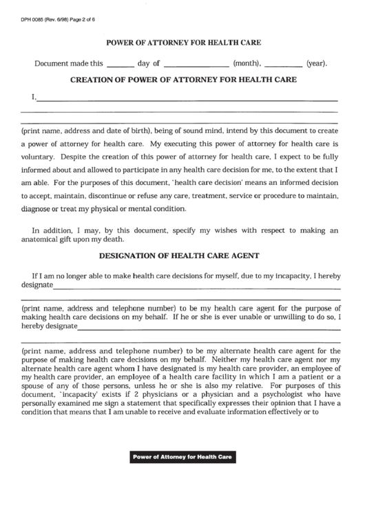 Fillable Power Of Attorney For Health Care Printable pdf