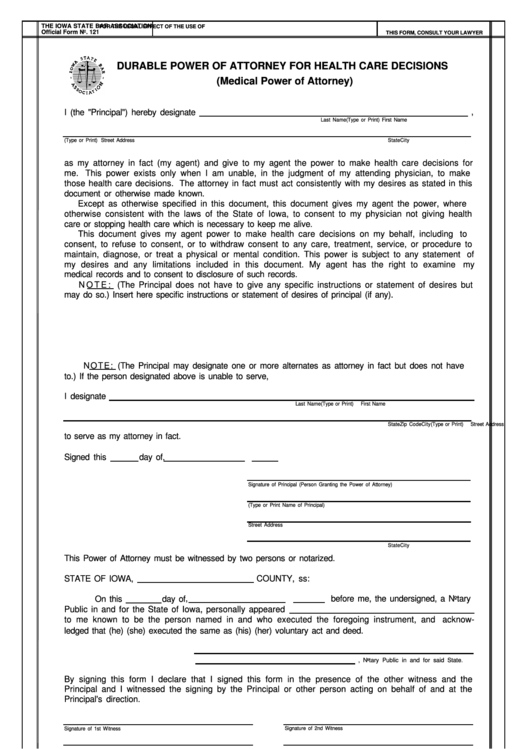 Fillable Durable Power Of Attorney For Health Care Decisions Printable Pdf Download