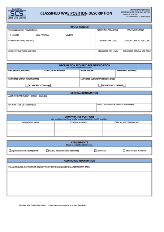 Classified Wae Position Description Form Printable pdf
