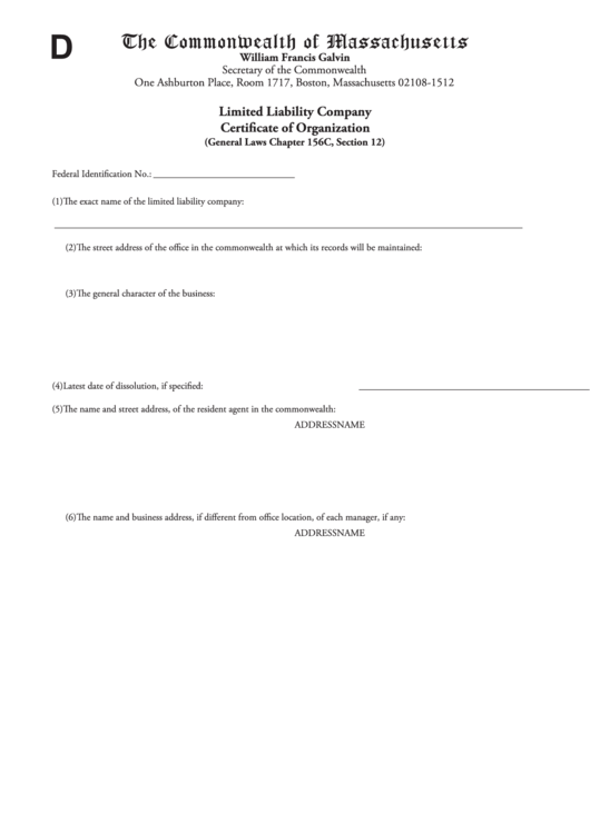 Fillable Limited Liability Company Certificate Of Organization Printable pdf