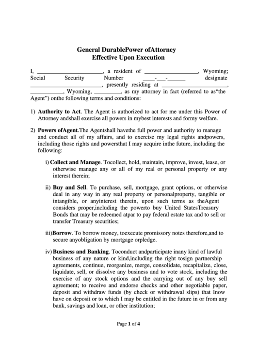 Fillable General Durable Power Of Attorney Form Effective Upon Execution Printable pdf