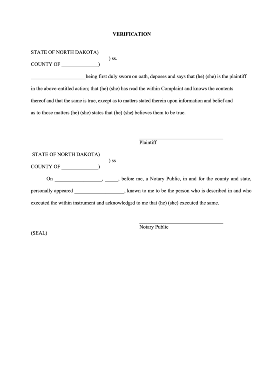 Fillable Verification Form - State Of North Dakota Printable pdf