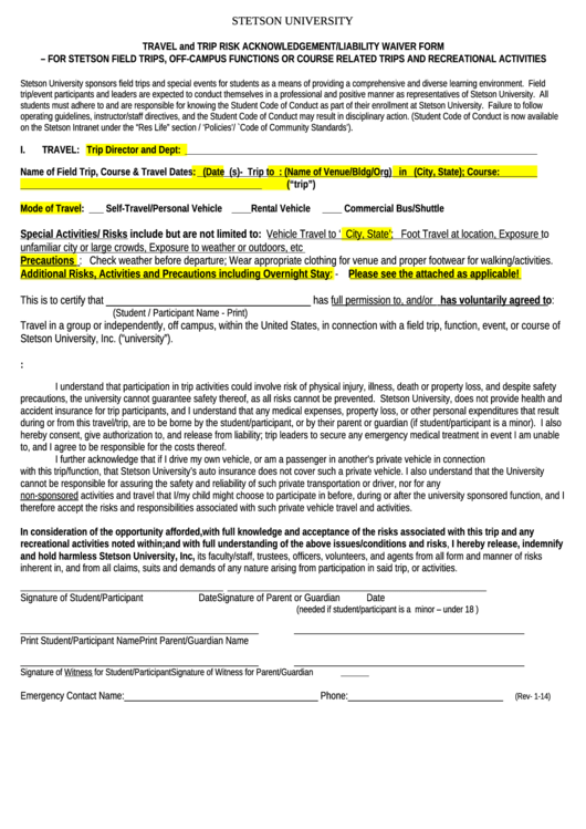Travel And Trip Risk Acknowledgement Liability Waiver Form Printable pdf