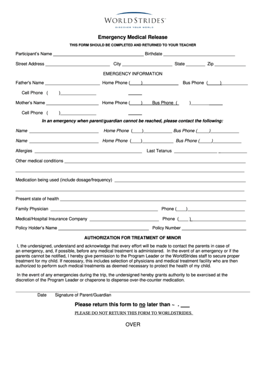 Emergency Medical Release Form Printable pdf