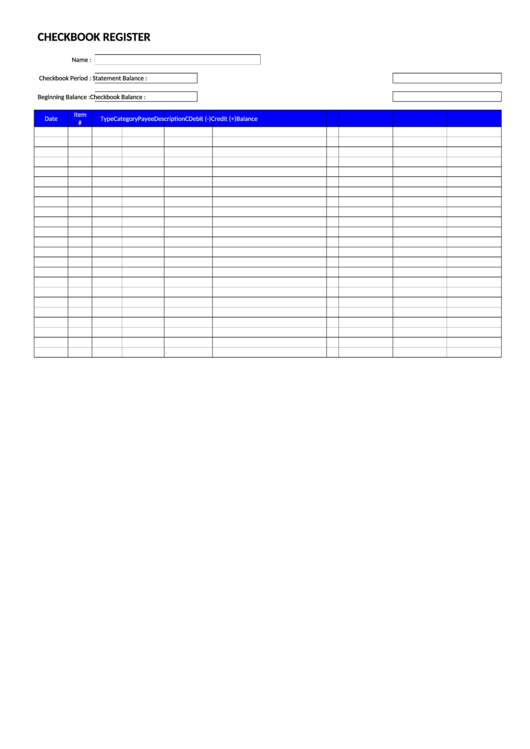 Checkbook Register Template - Blue Printable pdf