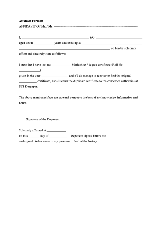 Affidavit Format Printable pdf
