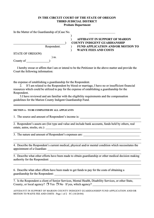 Affidavit In Support Of Marion County Indigent Guardianship Fund Application And Or Motion To Waive Fees And Costs Printable pdf