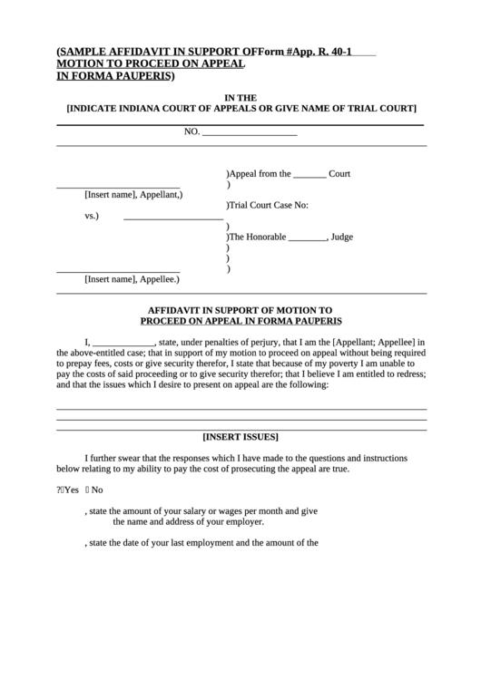 Affidavit In Support Of Motion To Proceed On Appeal In Forma Pauperis - Indiana Court Of Appeals Printable pdf