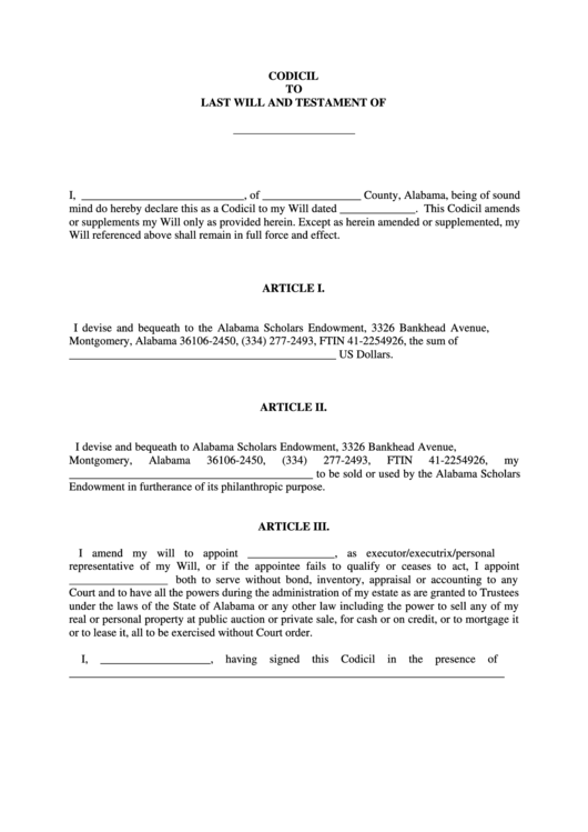 Codicil To Last Will And Testament Of Printable pdf