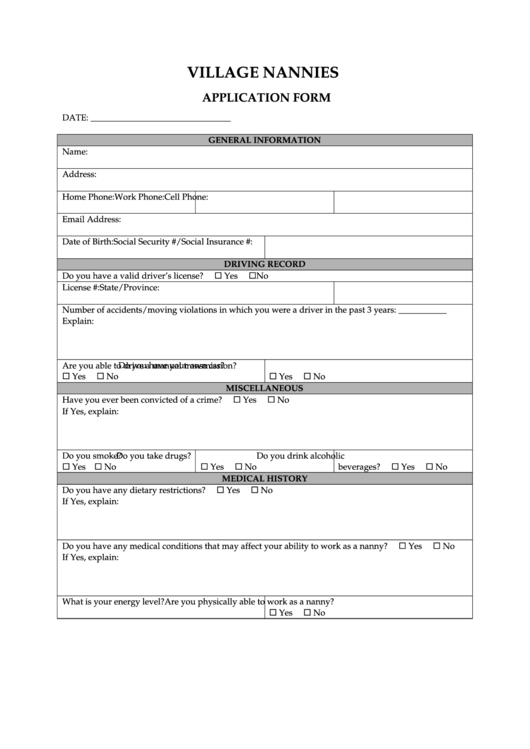 Village Nannies Job Application Form Printable pdf