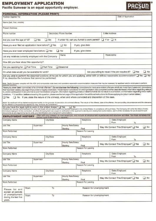 Fillable Pacsun Employment Application Printable pdf