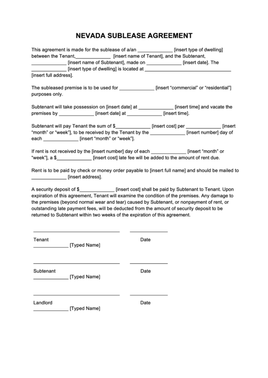 Fillable Nevada Sublease Agreement printable pdf download