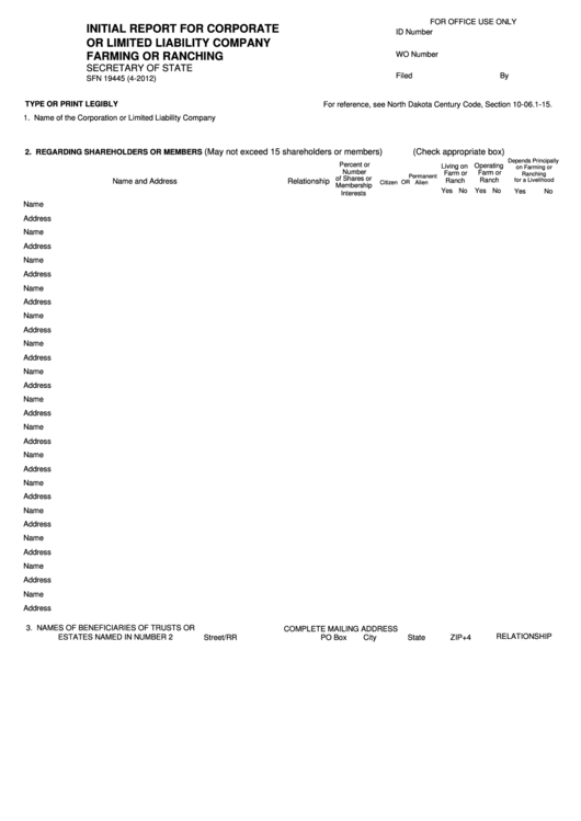 Fillable Initial Report For Corporate Or Limited Liability Company Farming Or Ranching Printable pdf