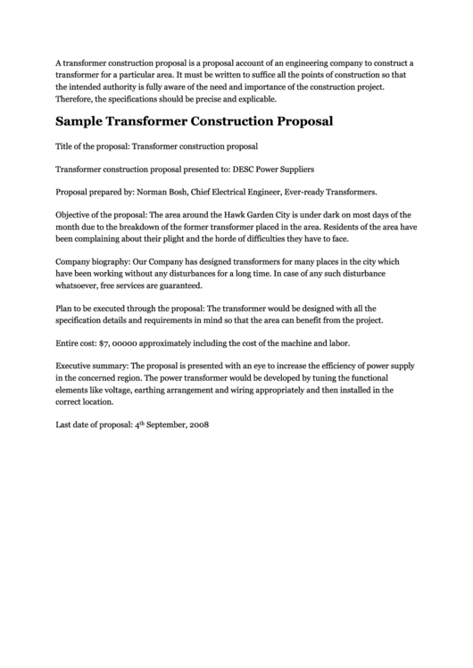 Sample Transformer Construction Proposal Printable pdf