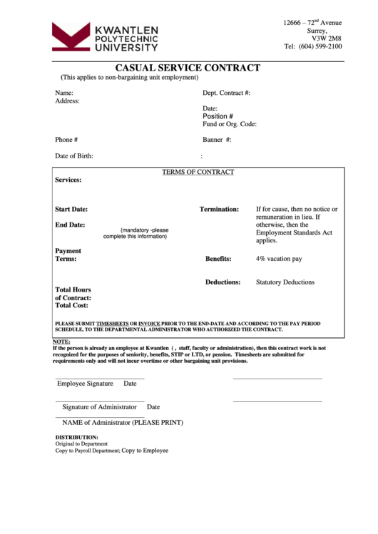 Casual Service Contract Printable pdf