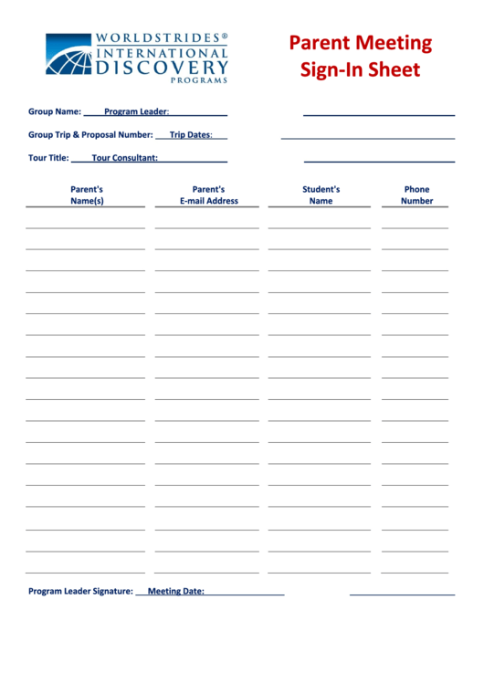 Fillable Parent Meeting Sign-In Sheet Template Printable pdf