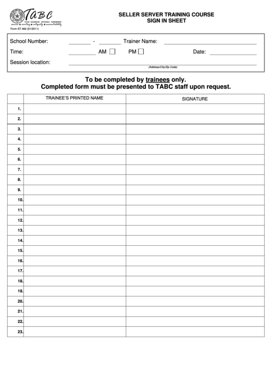 Seller Server Training Course Sign-In Sheet Printable pdf