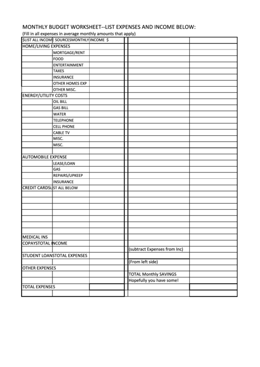 Monthly Budget Worksheet Template Printable pdf