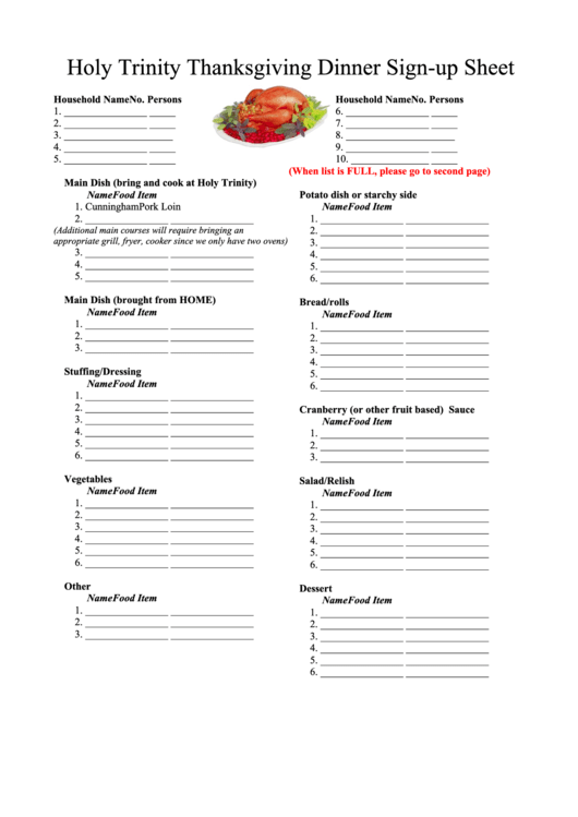 Holy Trinity Thanksgiving Dinner Sign-Up Sheet Template Printable pdf