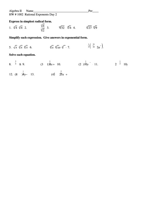 Rational Exponents Worksheet Printable pdf
