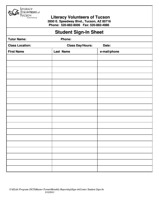 Student Sign-In Sheet Template Printable pdf