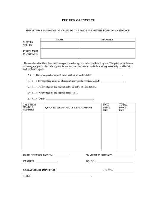 Pro Forma Invoice Template Printable pdf