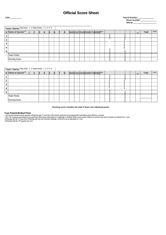 Official Score Sheet Printable pdf
