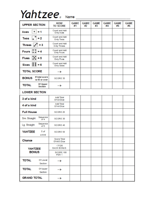 Yahtzee Score Sheet Printable pdf