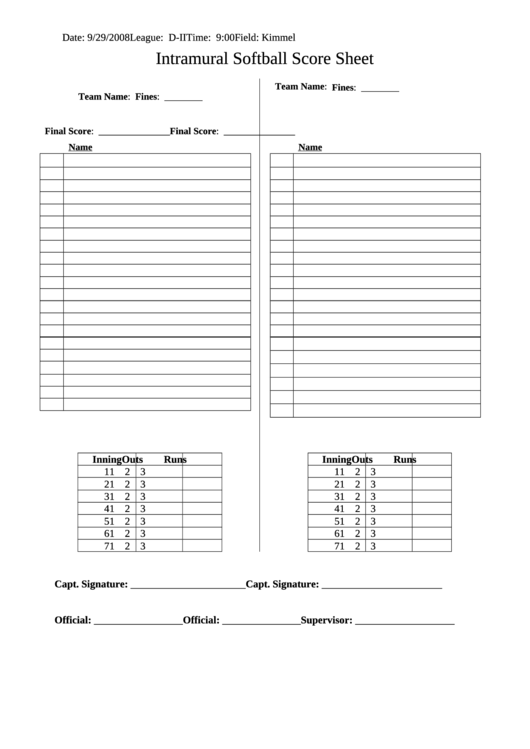 Intramural Softball Score Sheet Template