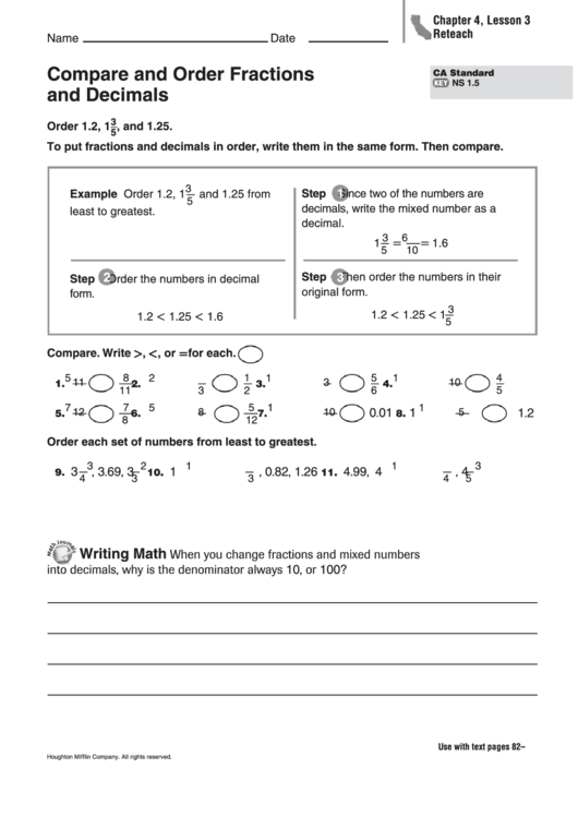 Compare And Order Fractions And Decimals Worksheet
