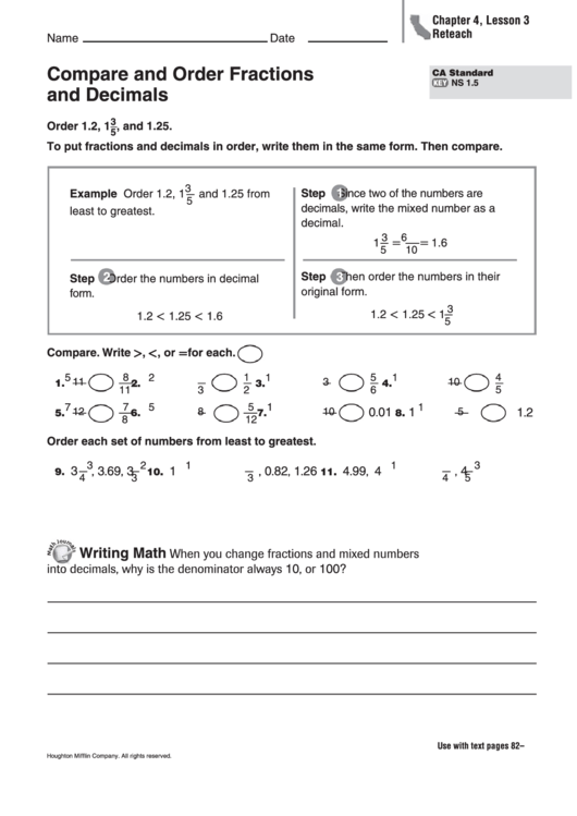 Compare And Order Fractions And Decimals Worksheet Printable Pdf Download