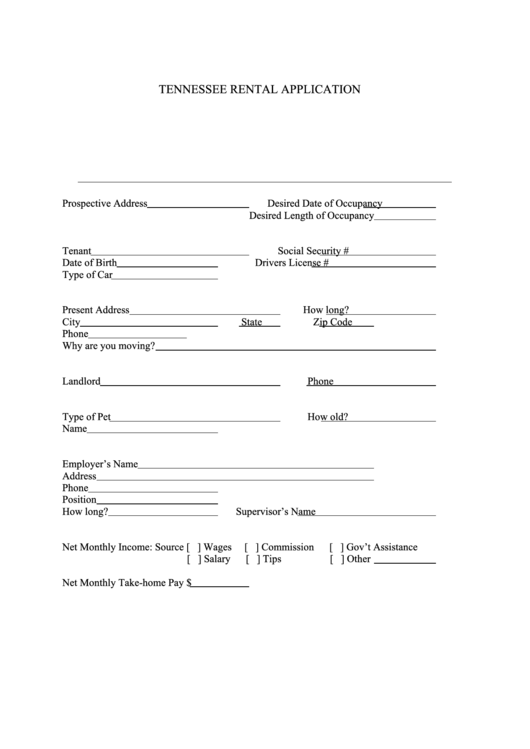 Fillable Tennessee Rental Application Printable pdf
