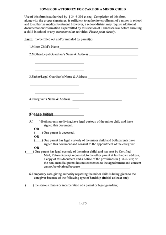 Fillable Power Of Attorney For Care Of A Minor Child Printable pdf