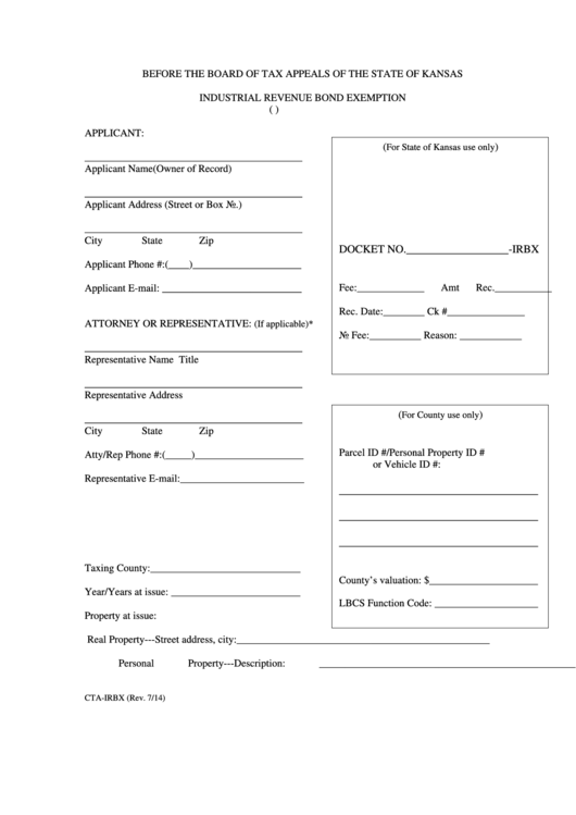 Fillable Form Cta-Irbx - Industrial Revenue Bond Exemption Printable pdf