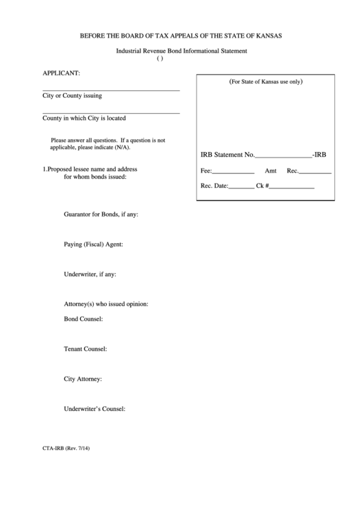 Fillable Industrial Revenue Bond Informational Statement Printable pdf