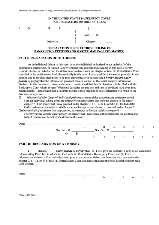 Fillable Declaration Form For Electronic Filing Of Bankruptcy Petition And Master Mailing List (Matrix) Printable pdf