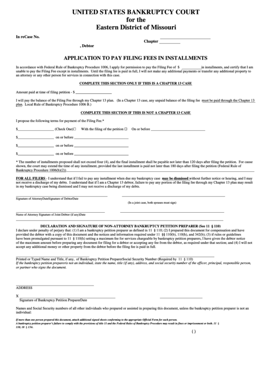 Application To Pay Filing Fees In Installments Printable pdf