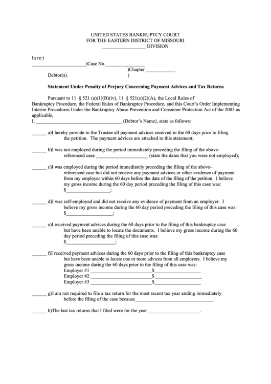 Statement Under Penalty Of Perjury Concerning Payment Advices And Tax Returns Form Printable pdf