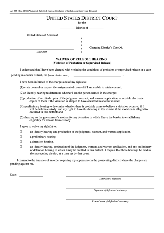 Fillable Waiver Of Rule 32.1 Hearing Printable pdf