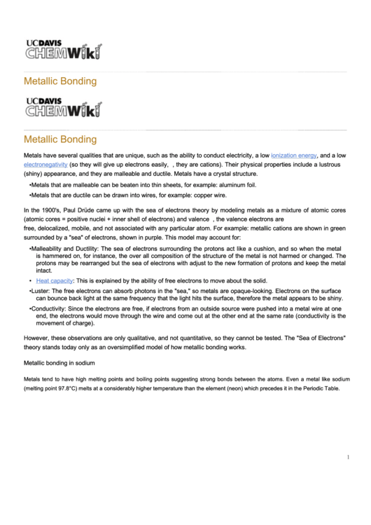 Metallic Bonding Information Sheet Template Printable pdf