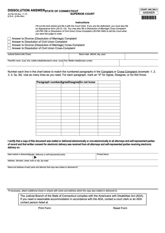 Fillable Dissolution Answer - State Of Connecticut Superior Court Printable pdf
