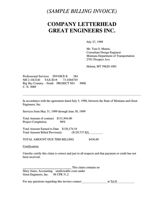 Sample Billing Invoice Template Printable pdf