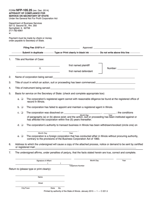 Fillable Form Nfp-105.25 - Affidavit Of Compliance For Service On Secretary Of State - Under The General Not For Profit Corporation Act Printable pdf