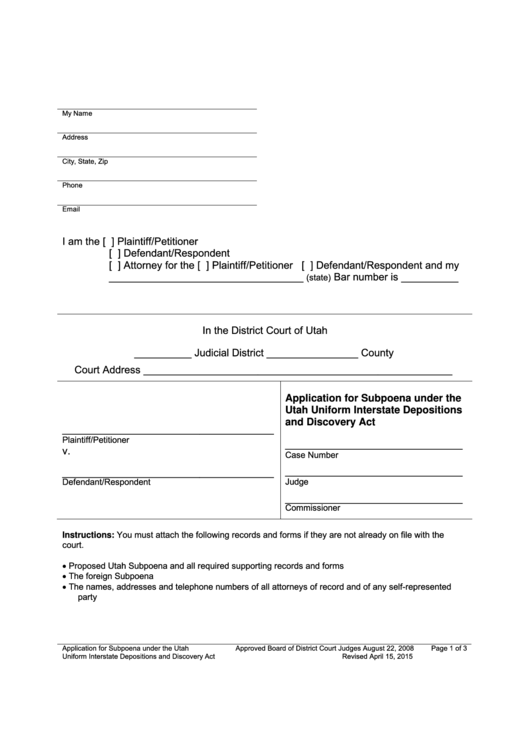 Application For Subpoena Under The Utah Uniform Interstate Depositions - Utah District Court Printable pdf