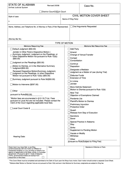 Fillable Civil Motion Cover Sheet Printable pdf