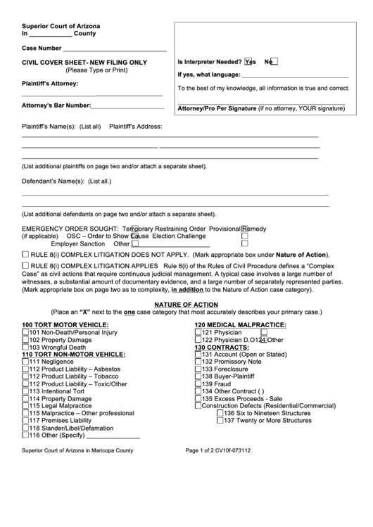 Civil Cover Sheet New Filing Only Printable pdf