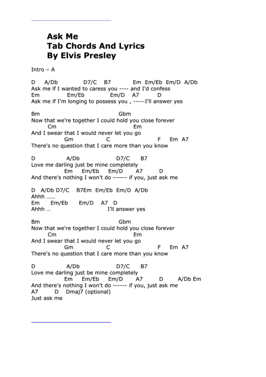 Ask Me By Elvis Presley, Chords And Lyrics Printable pdf