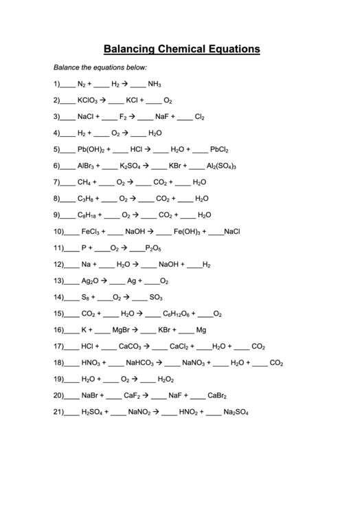 Fillable Balancing Chemical Equations Printable pdf